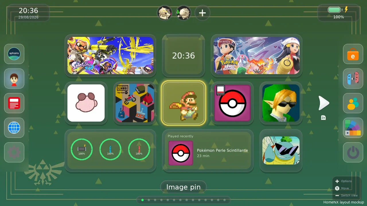 HomeNX's HOME menu: games in a grid, side buttons for Sphaira, Miis, News, Settings, eShop, Controllers, Friends and more.
